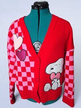 Snoopy Peanuts Valentines Day Red Checker Heart Knit Button Cardigan - Large
